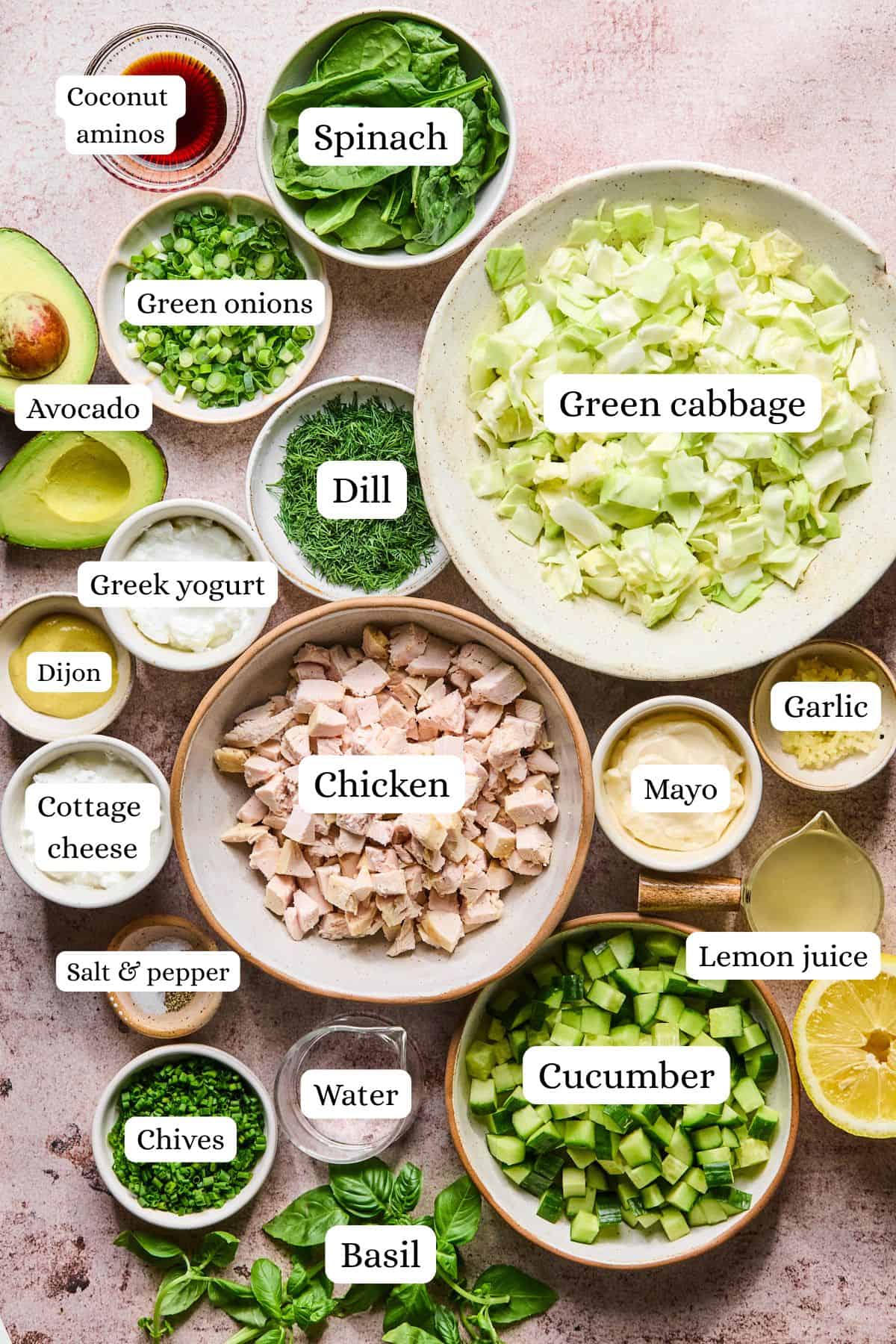 Ingredients for green goddess chicken salad in nesting bowls