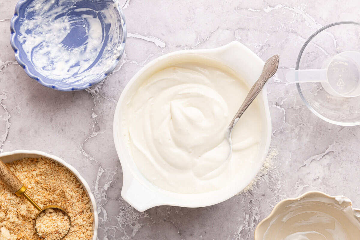 a bowl of cheesecake filling