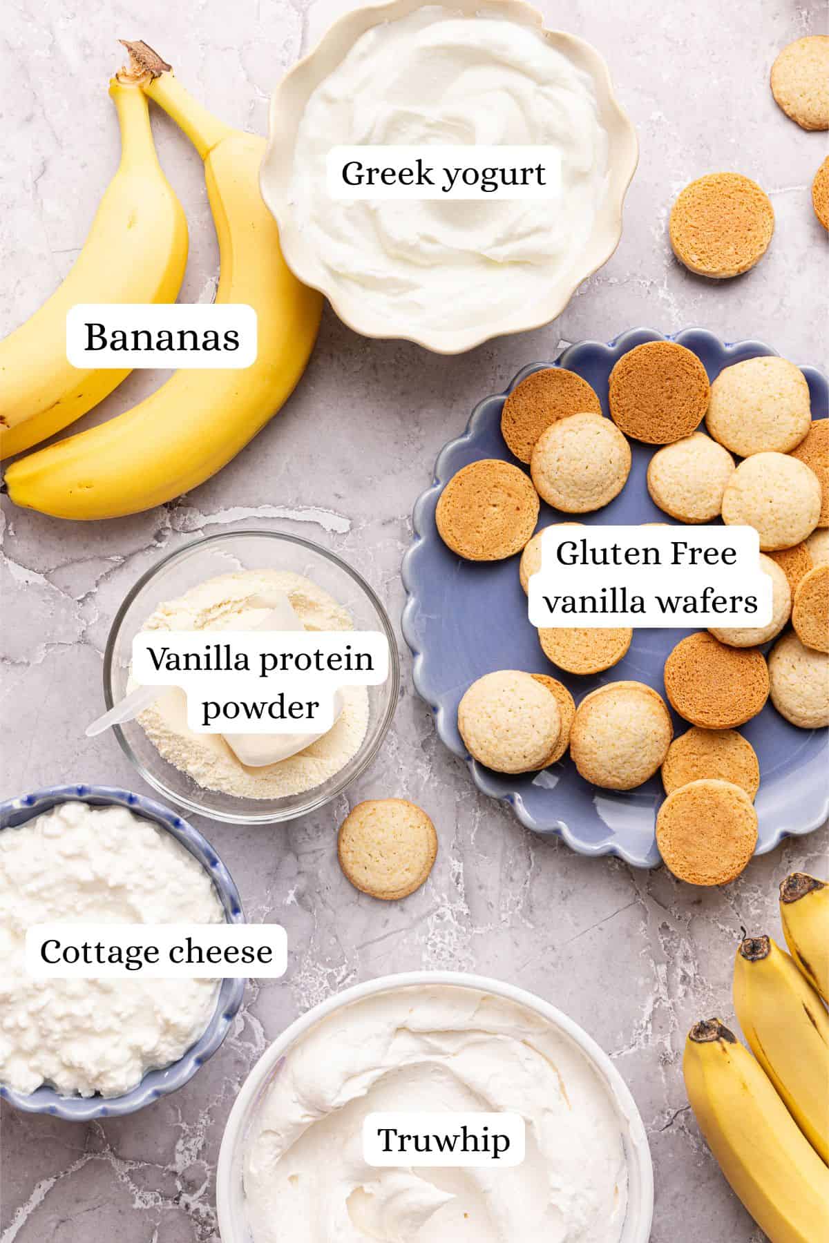 ingredients for high protein banana pudding in nesting bowls