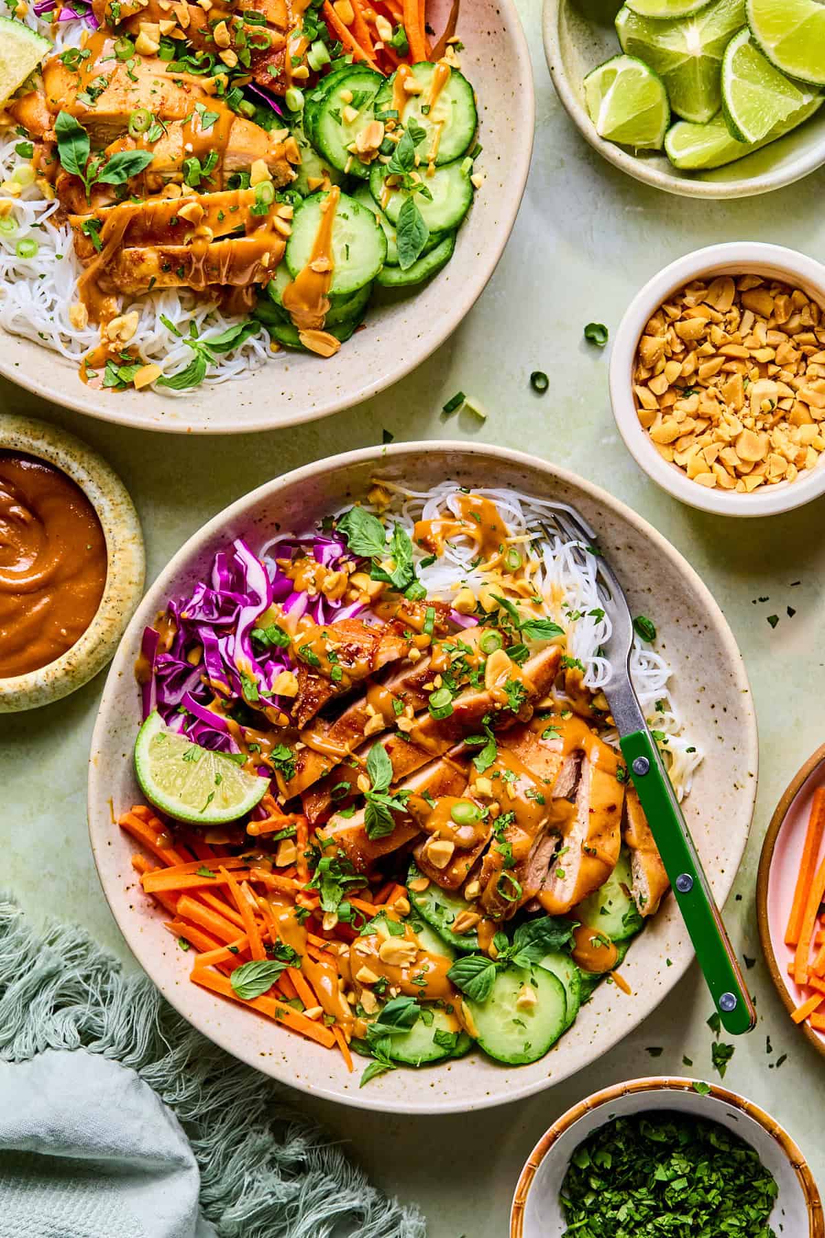 Two spring roll bowls topped with peanut sauce, surrounded by peanuts, fresh limes, cilantro, and extra peanut sauce.