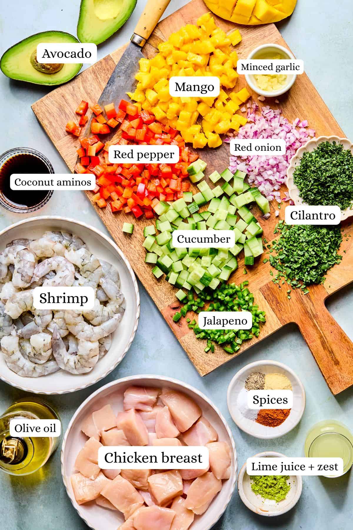 Ingredients for cilantro lime marinated chicken and shrimp with mango salsa