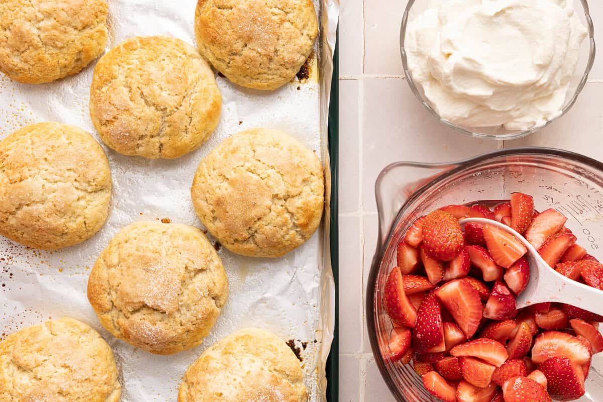 biscuits, strawberries, and whipped cream