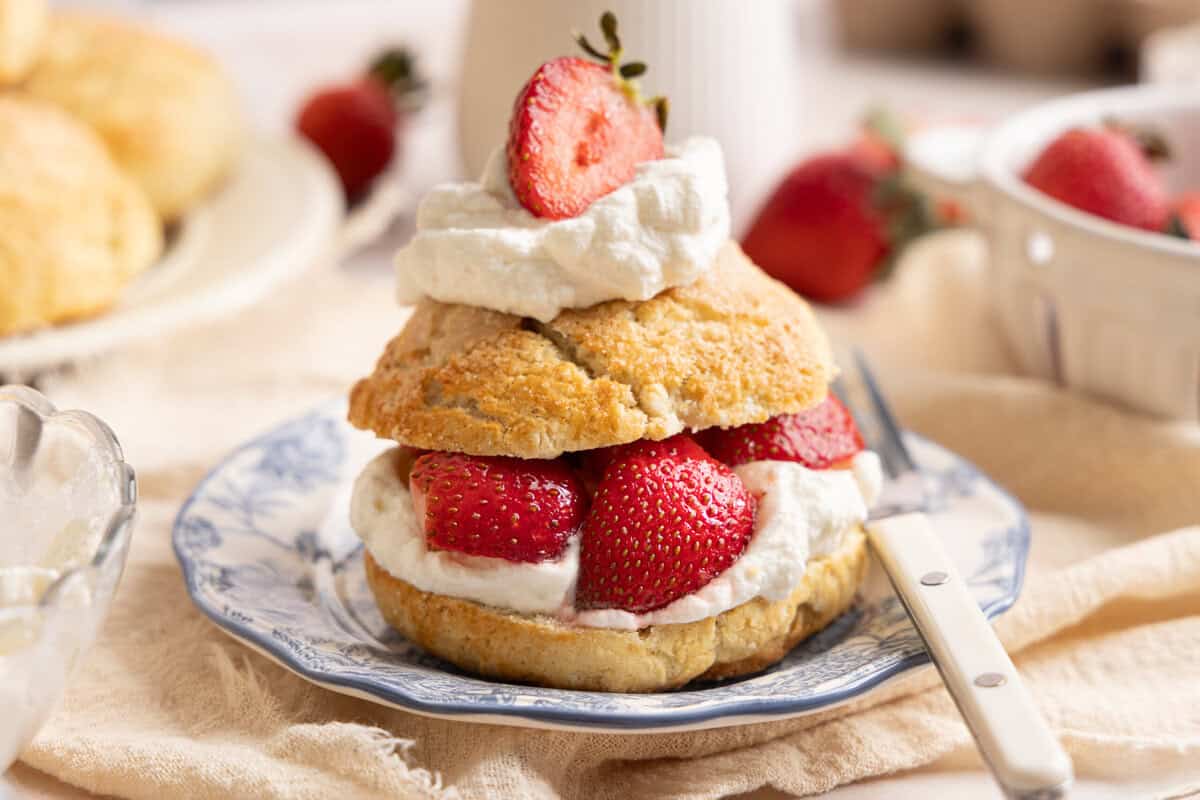 a biscuit cut in half and topped with strawberries and whipped cream