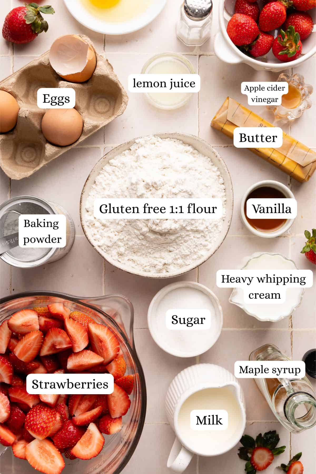 ingredients for strawberry shortcake in nesting bowls