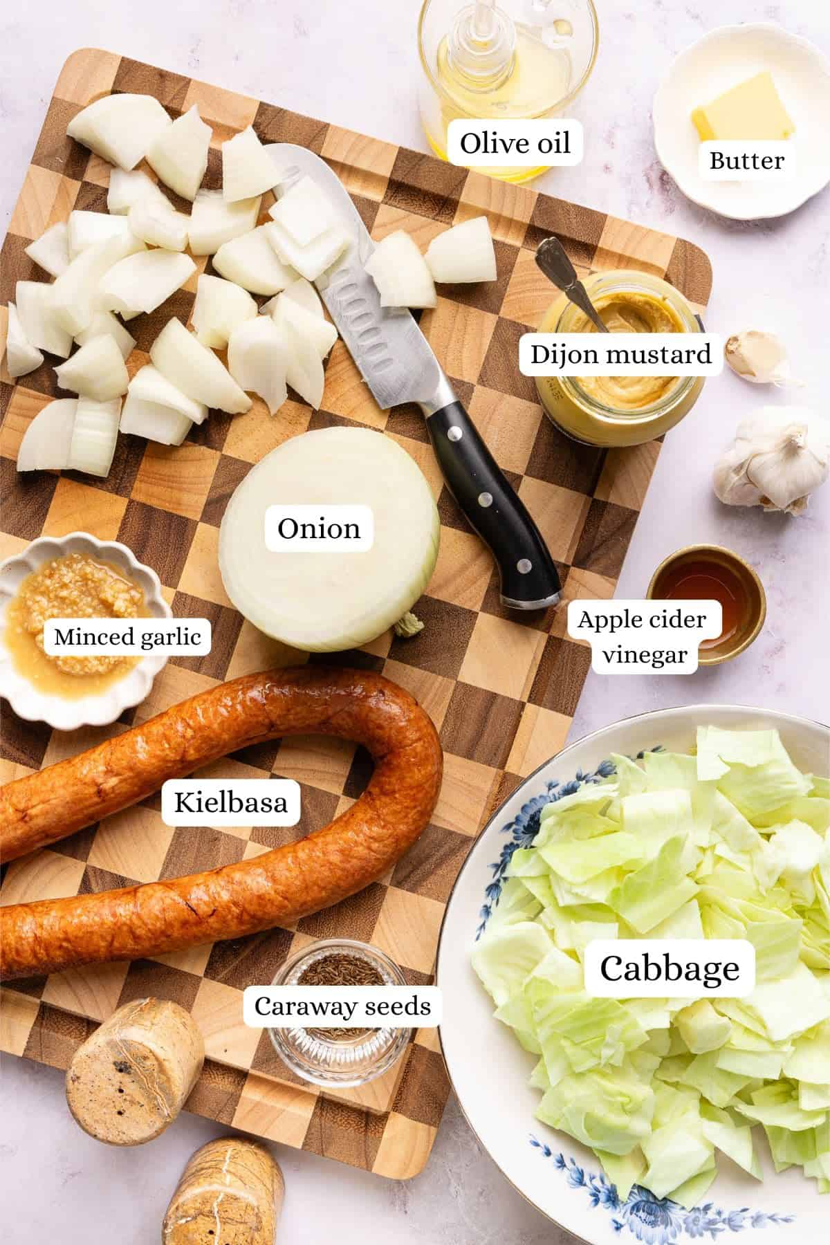 ingredients for kielbasa cabbage skillet