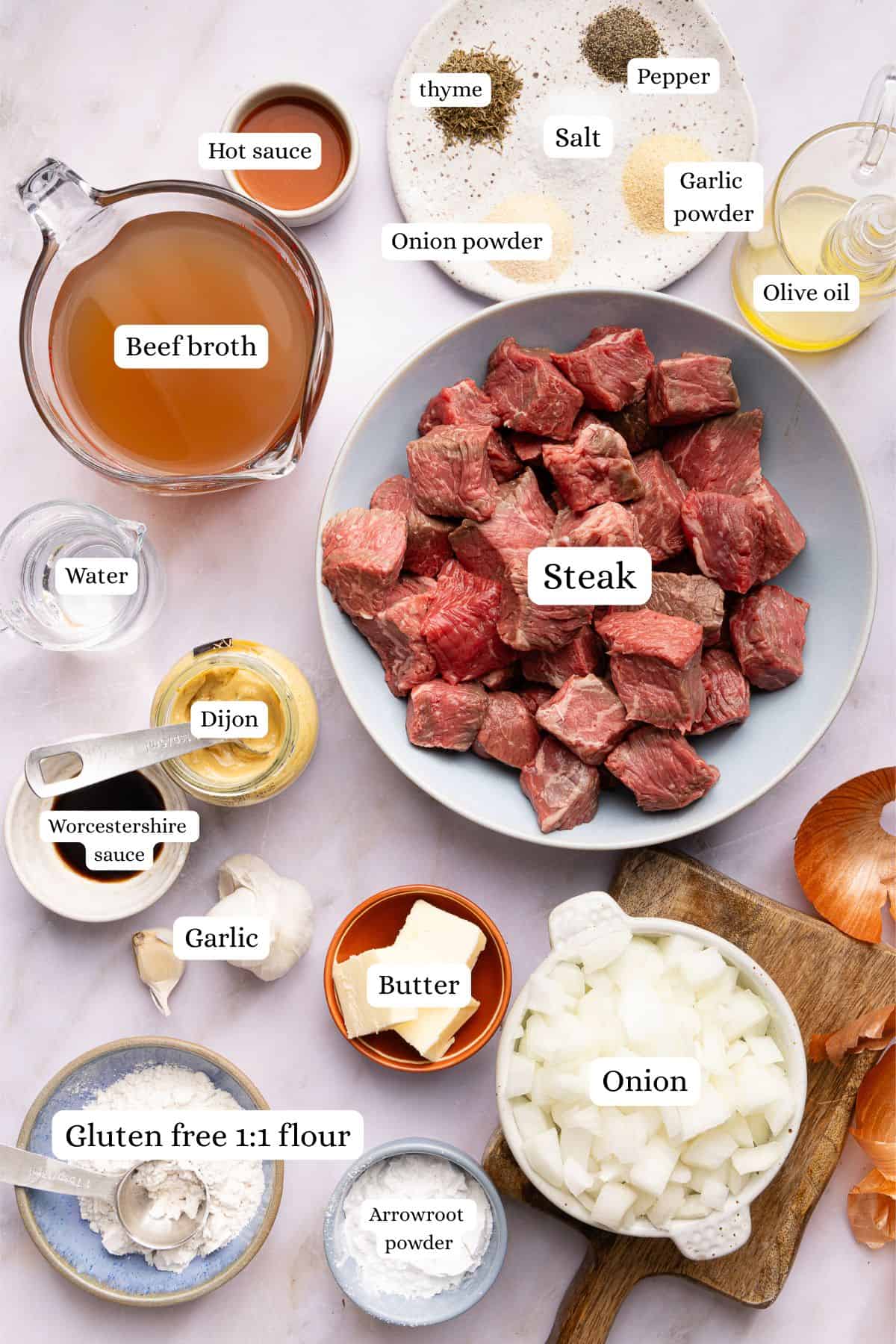 ingredients for slow cooker beef tips in nesting bowls