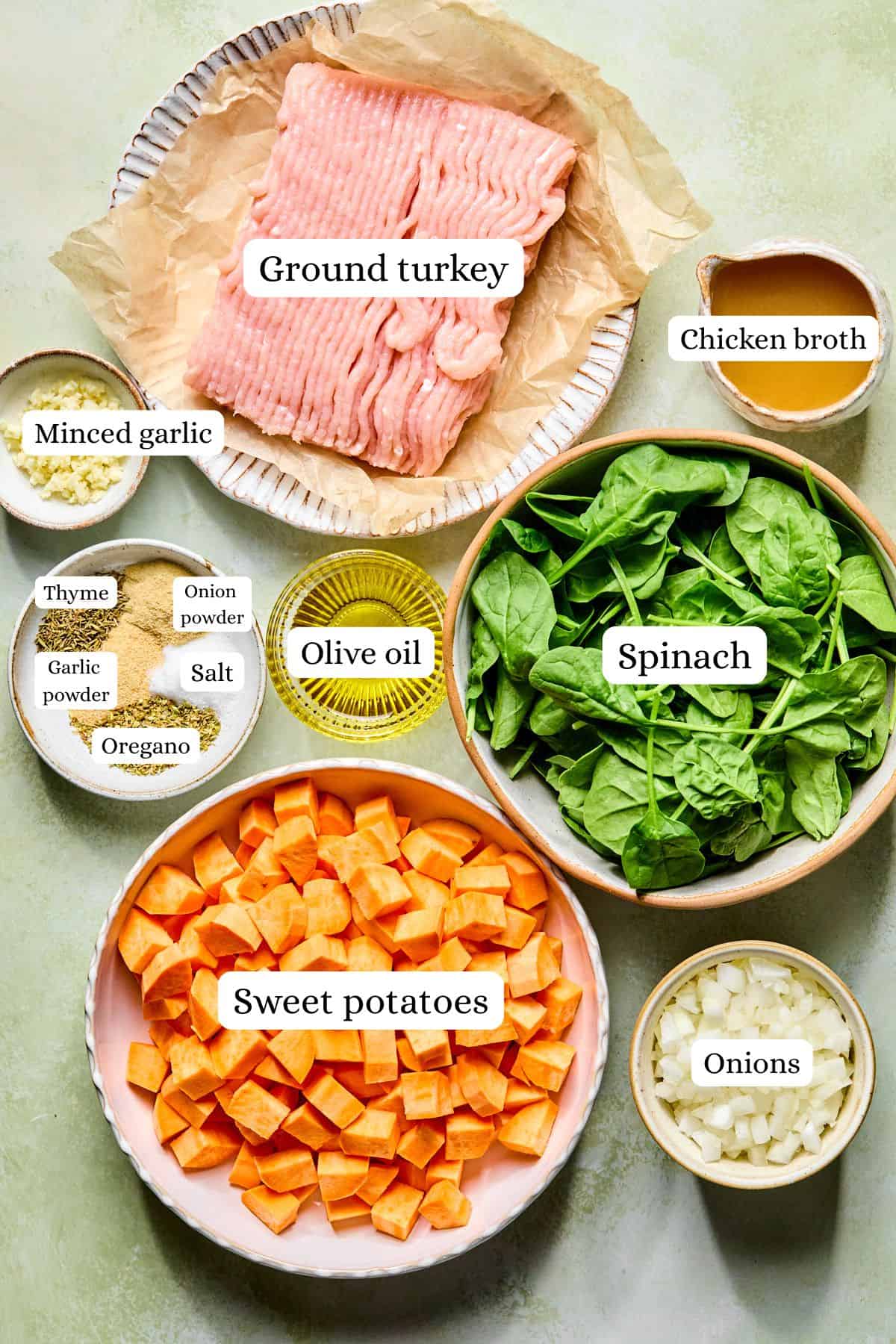 ingredients for grounf turkey sweet potato hash in nesting bowls