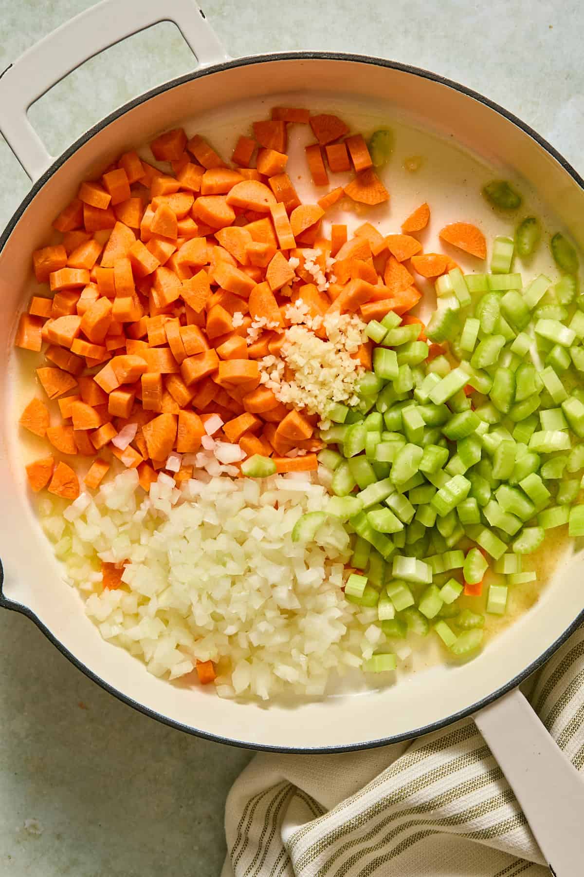 Onion, garlic, carrots, and celery softening in melted butter in a large skillet.
