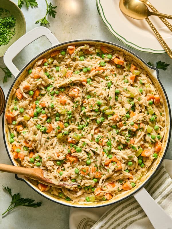 chicken pot pie orzo pasta in a skillet