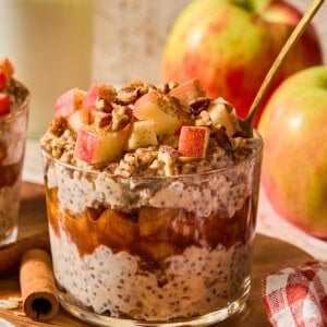 apple pie overnight oats with a spoon in it