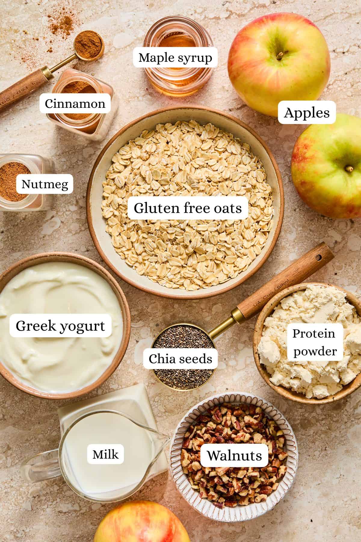 apple pie overnight oats ingredients in nesting bowls