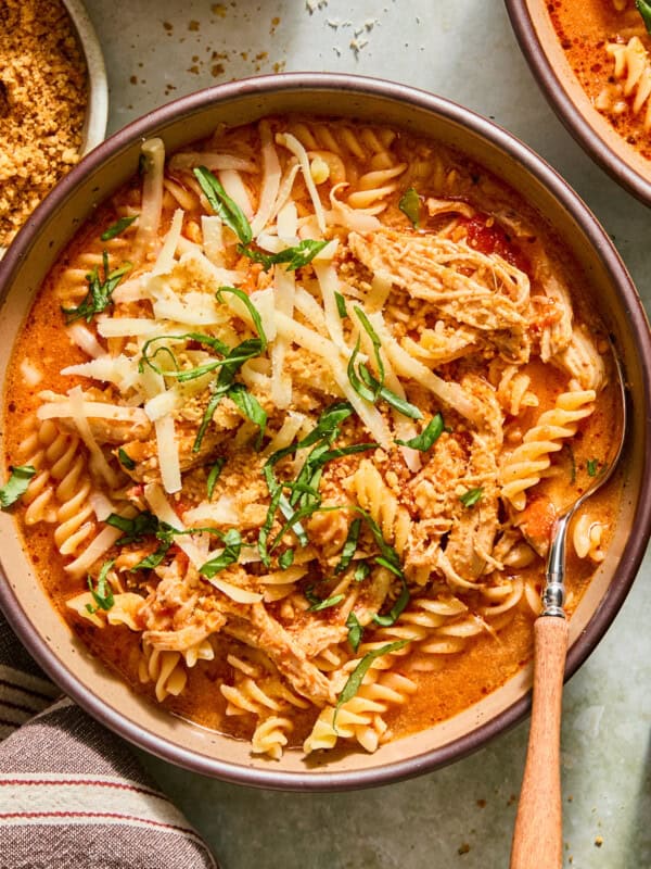 chicken parmesan soup in a bowl