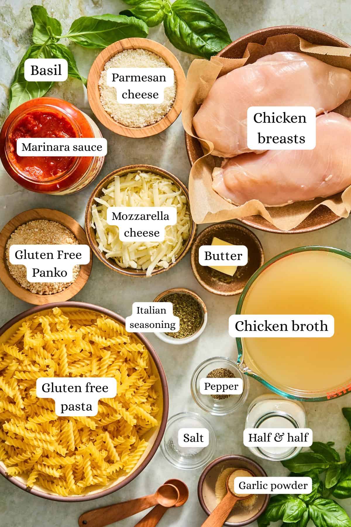 Flat lay of chicken parmesan soup recipe ingredients labeled on a countertop.