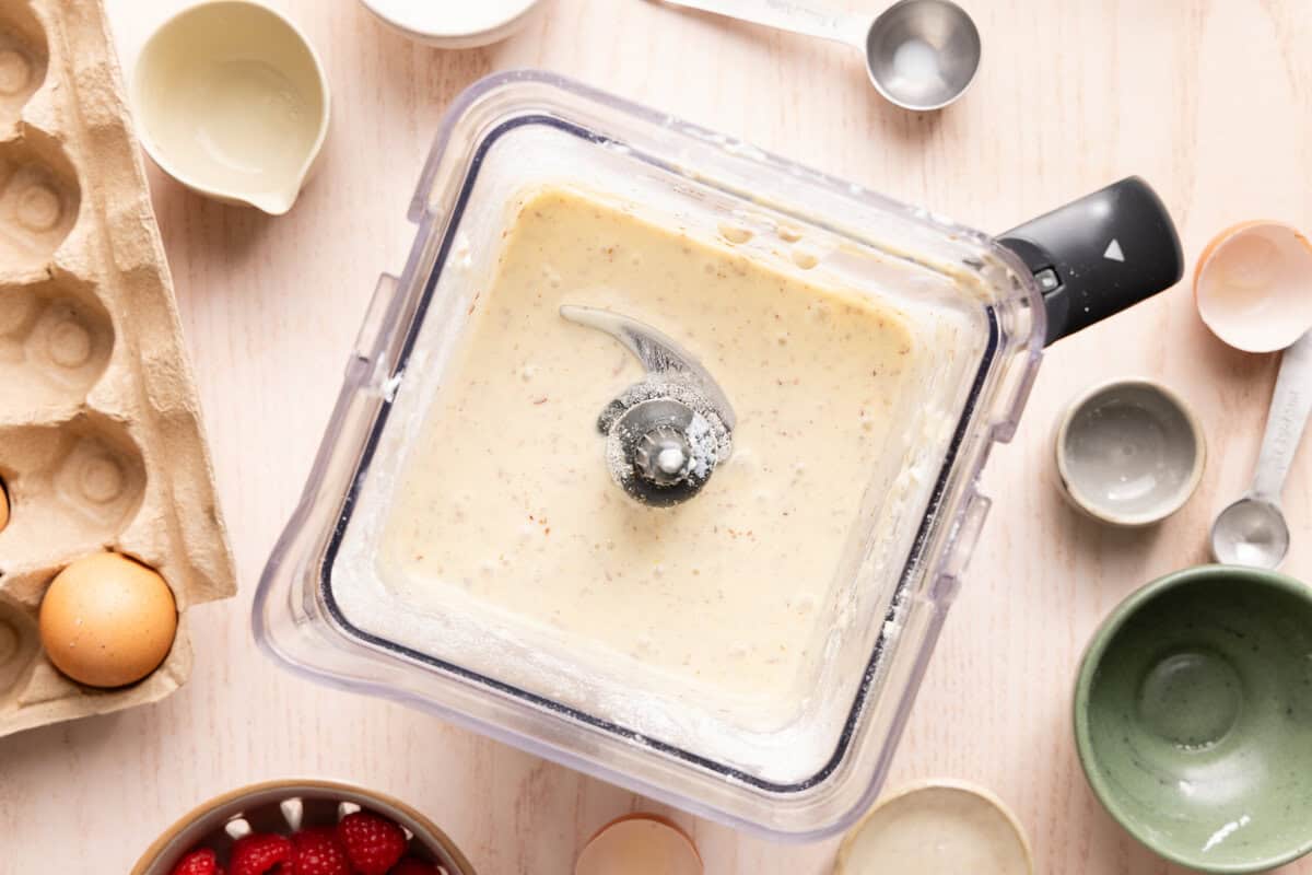 Protein pancake bowl ingredients mixed in a large blender.