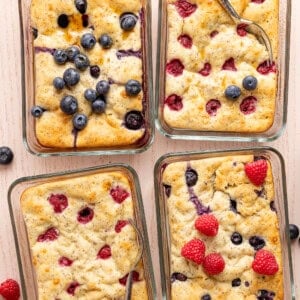 protein pancake meal prep bowls with berries in 4 glass containers