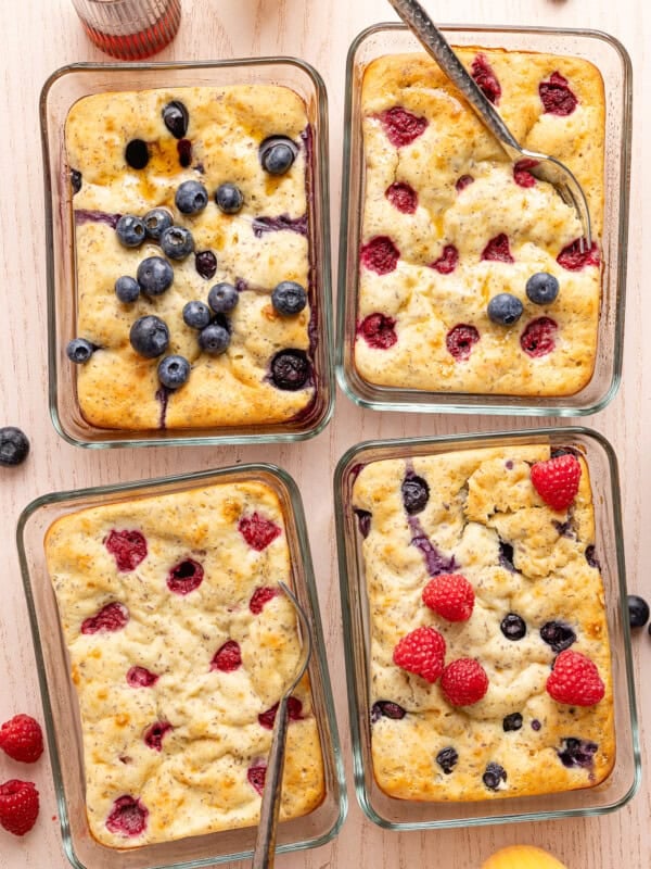 protein pancake meal prep bowls with berries in 4 glass containers