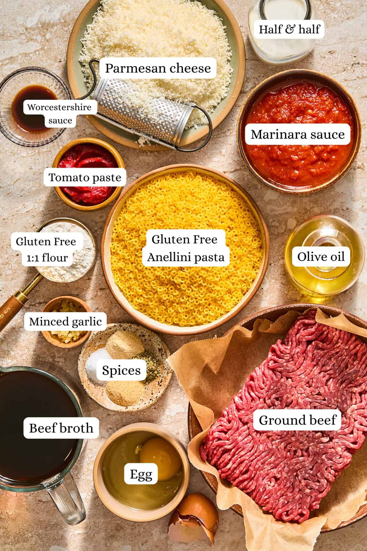 A flat lay of ingredients to make gluten-free spaghettiOs with mini meatballs.