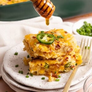 gluten free cornbread casserole with bacon, jalapenos and hot honey