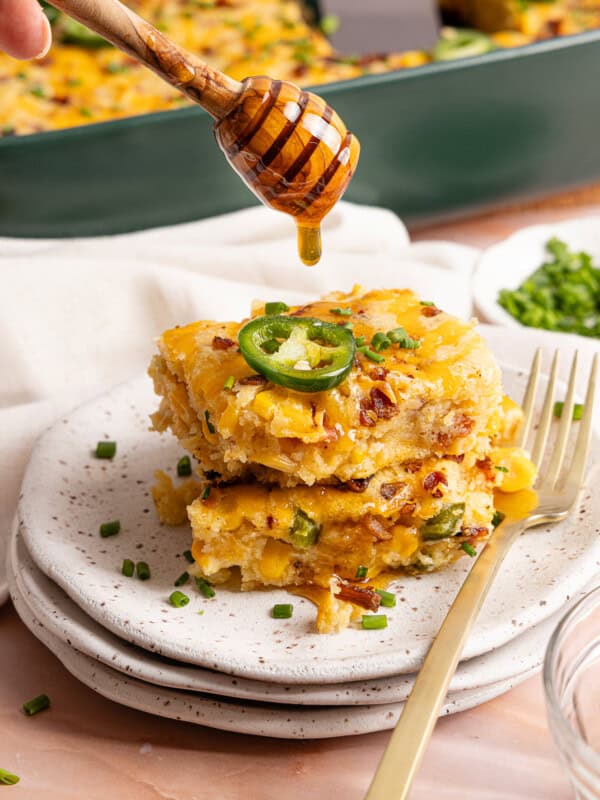 gluten free cornbread casserole with bacon, jalapenos and hot honey