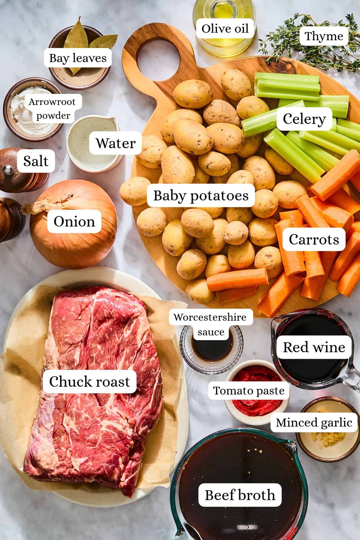 Flat lay of ingredients for Dutch oven pot roast labeled on a counter.