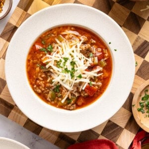 stuffed pepper soup in a white bowl