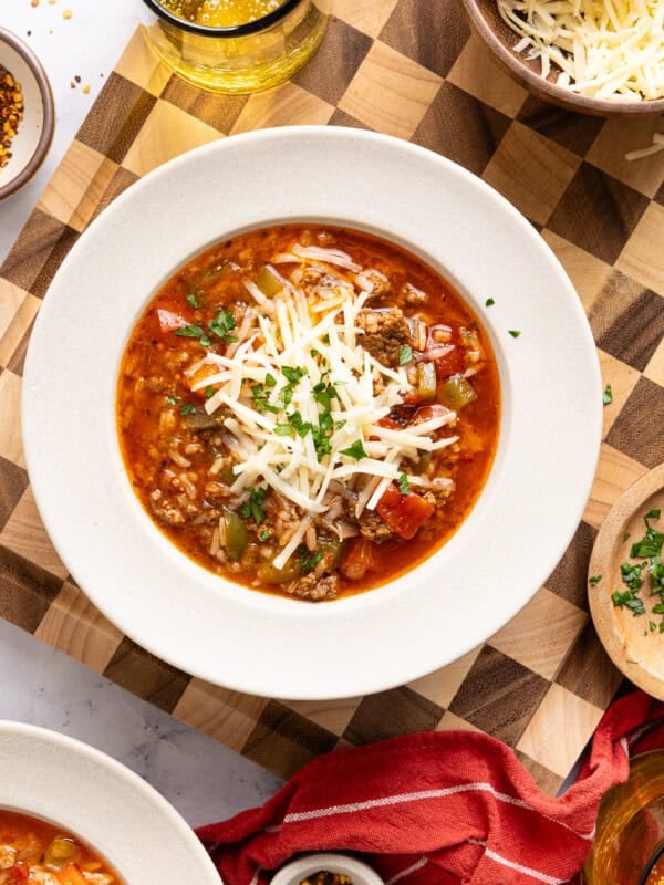 stuffed pepper soup in a white bowl