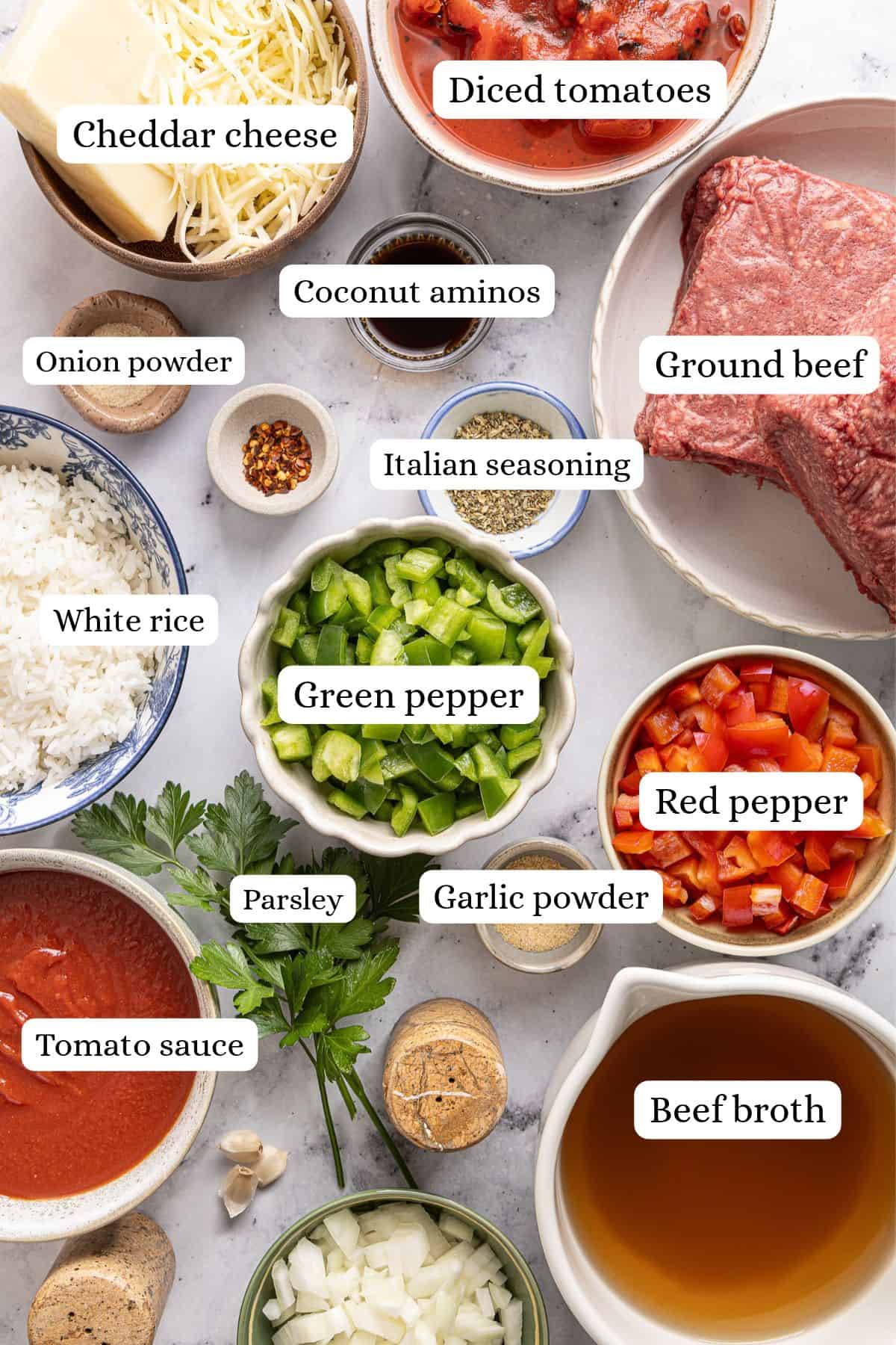 ingredients for stuffed pepper soup in nesting bowls